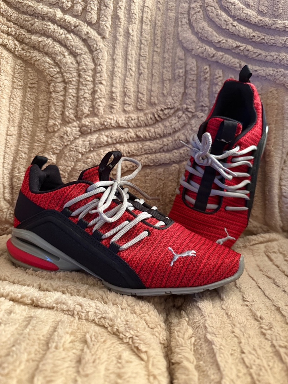 Puma Men’s Red and Black Knit Lace-Up Sneakers